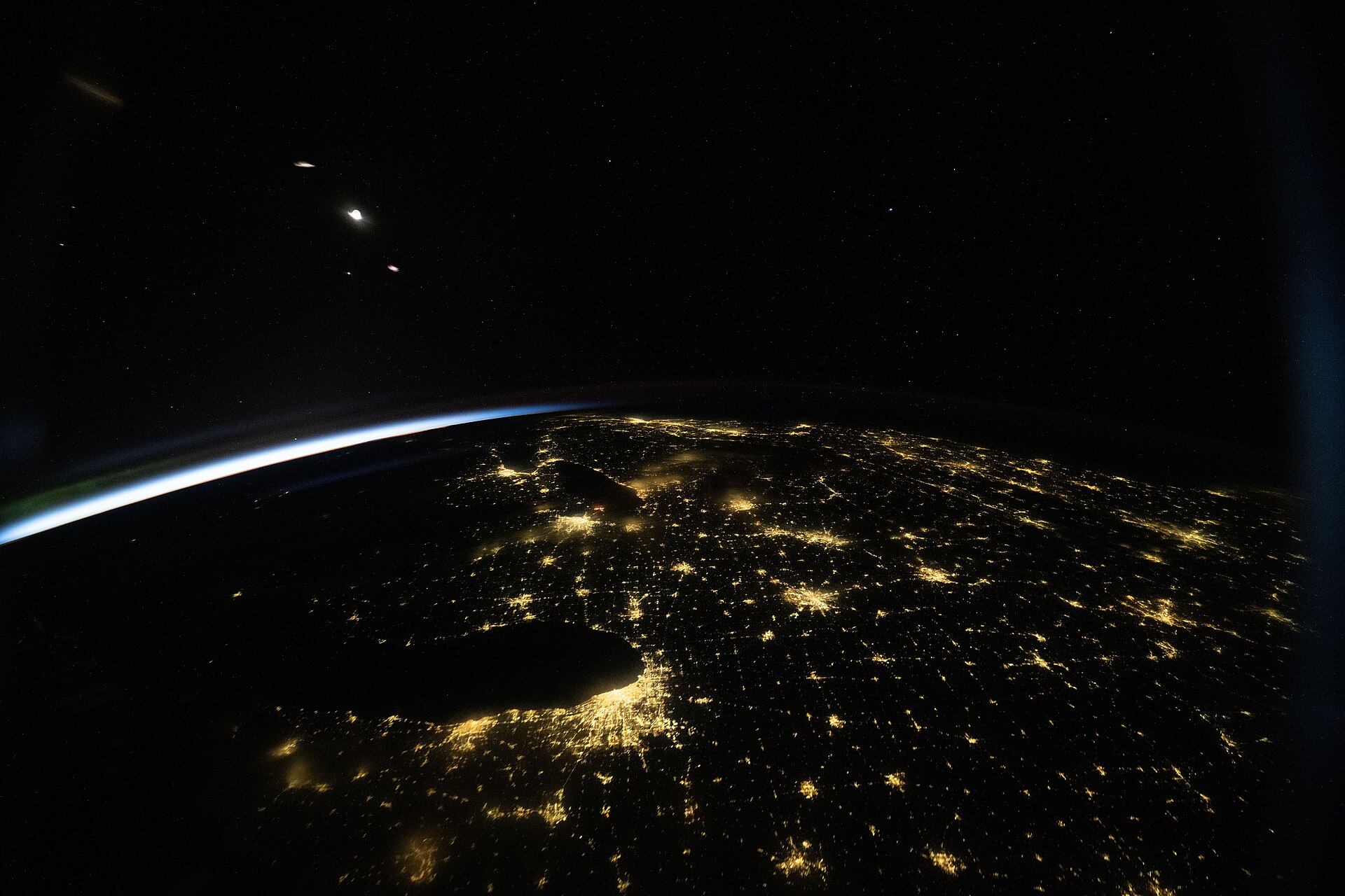 Chicago and the surrounding towns at night, seen from the International Space Station